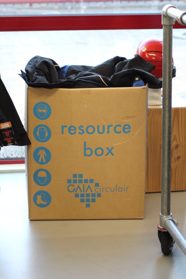 Een doos met de tekst 'resource box' gevuld met kleding